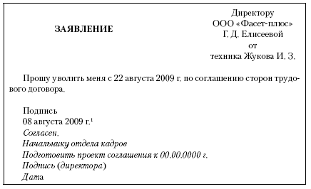 Образец заявления об увольнении по соглашению сторон Украина